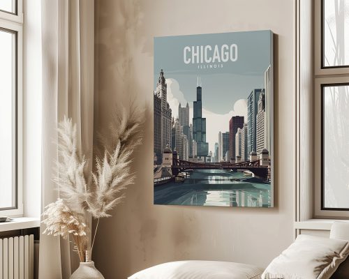 Illustration of Chicago skyline with buildings and a river, labeled 'Chicago, Illinois'.