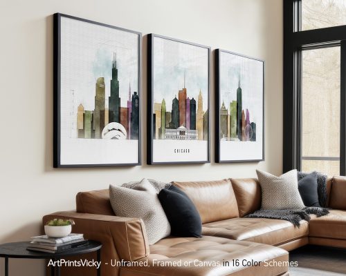 Three framed art prints depicting a cityscape of Chicago with various buildings and a skyline.