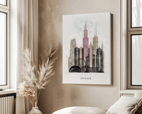 Artistic representation of Chicago's skyline featuring various buildings and structures.