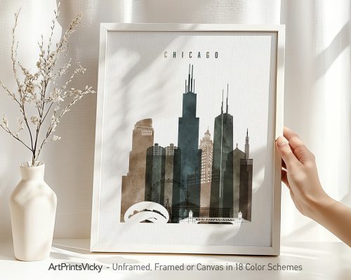 Art print featuring a stylized illustration of Chicago's skyline with notable buildings.