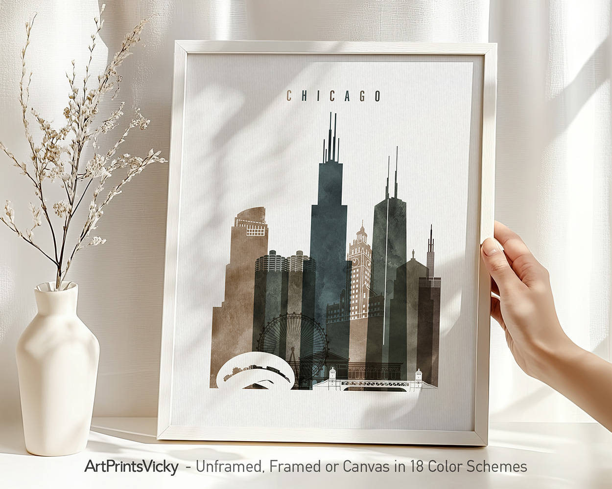 Art print featuring a stylized illustration of Chicago's skyline with notable buildings.