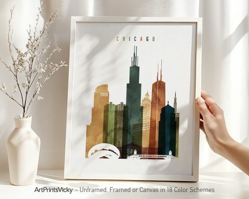 Art print featuring a stylized cityscape of Chicago with notable buildings and landmarks.