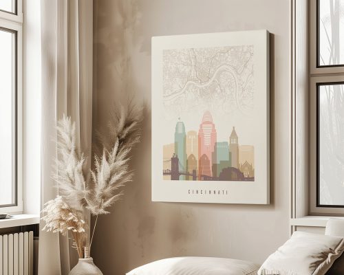 Illustration of Cincinnati city skyline with a detailed map background.