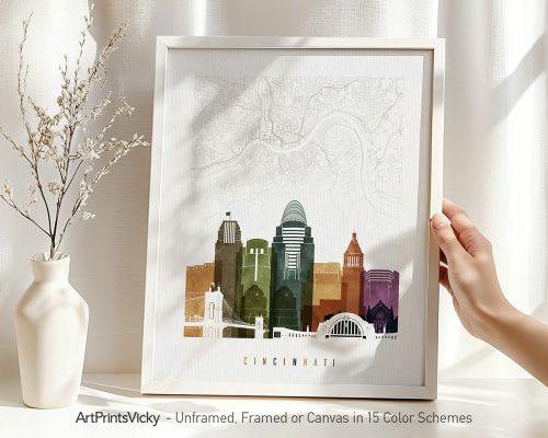 Art print of Cincinnati skyline featuring notable buildings in a minimalist design.