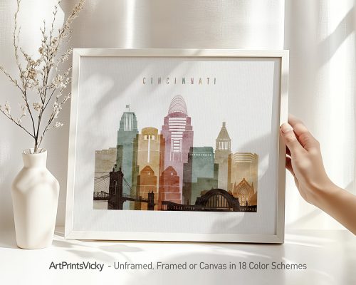 Art print of Cincinnati skyline featuring various buildings in muted colors.