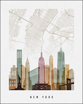 Artistic representation of New York City skyline with a map overlay in muted colors.
