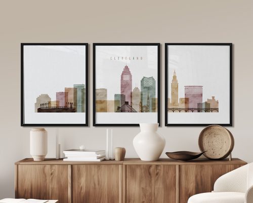 Three framed art prints depicting a stylized skyline of Cleveland with various buildings and structures.