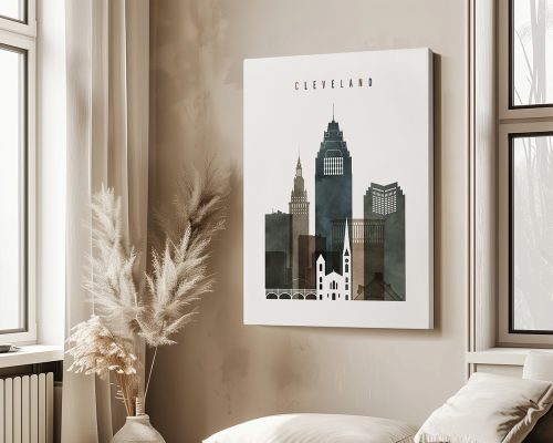 Art print featuring the Cleveland skyline with notable buildings in a minimalist style.