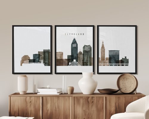 Three framed art prints depicting the skyline of Cleveland in muted colors.