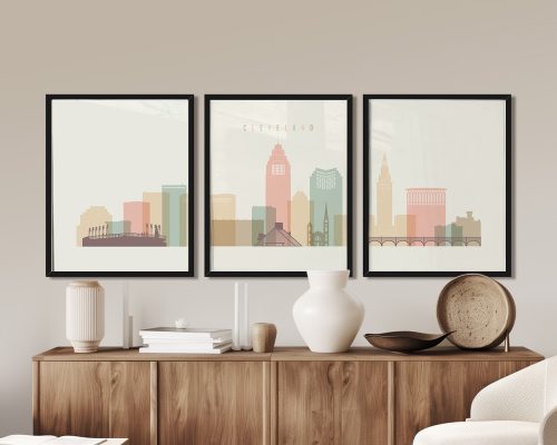 Three framed art prints depicting a stylized cityscape of Cleveland with pastel colors.