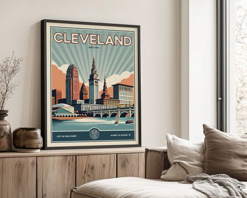 Retro poster of Cleveland featuring city skyline and river with boats in a framed display.