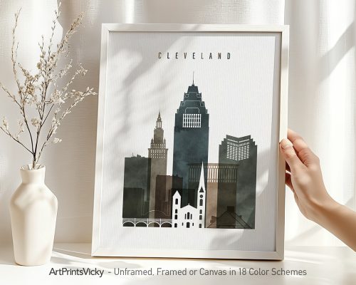 Art print of Cleveland city skyline featuring notable buildings in a minimalist design.