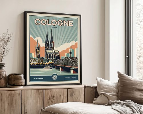 Retro-style poster featuring the Cologne Cathedral and Hohenzollern Bridge with a boat on the river.
