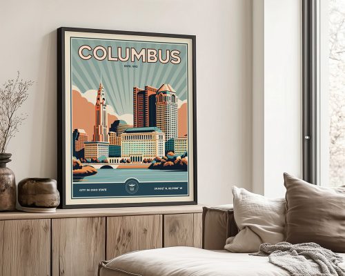 Retro poster of Columbus, Ohio featuring city skyline and notable buildings.