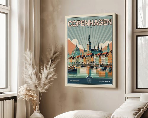 Retro art print of Copenhagen featuring colorful buildings and a waterfront view with a clock tower.