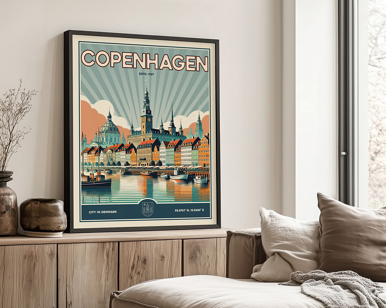 Retro art print of Copenhagen featuring buildings and a waterfront scene in pastel colors.