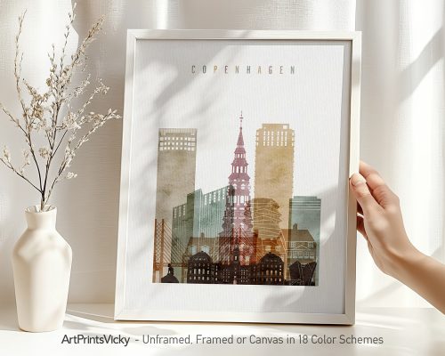 Art print of Copenhagen featuring buildings and a tower in a stylized design with pastel colors.
