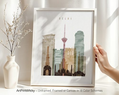Art print featuring a stylized cityscape of Delhi with notable buildings and structures.