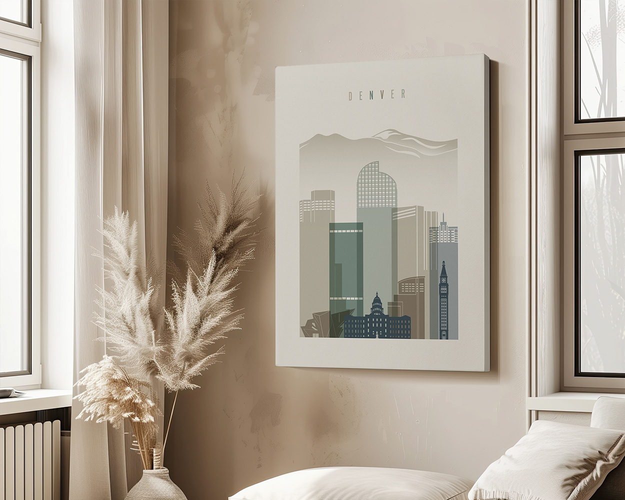 Stylized cityscape artwork of Denver with mountains in the background and various building shapes.
