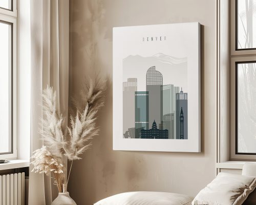 Stylized illustration of Denver's skyline with various buildings and mountains in the background.