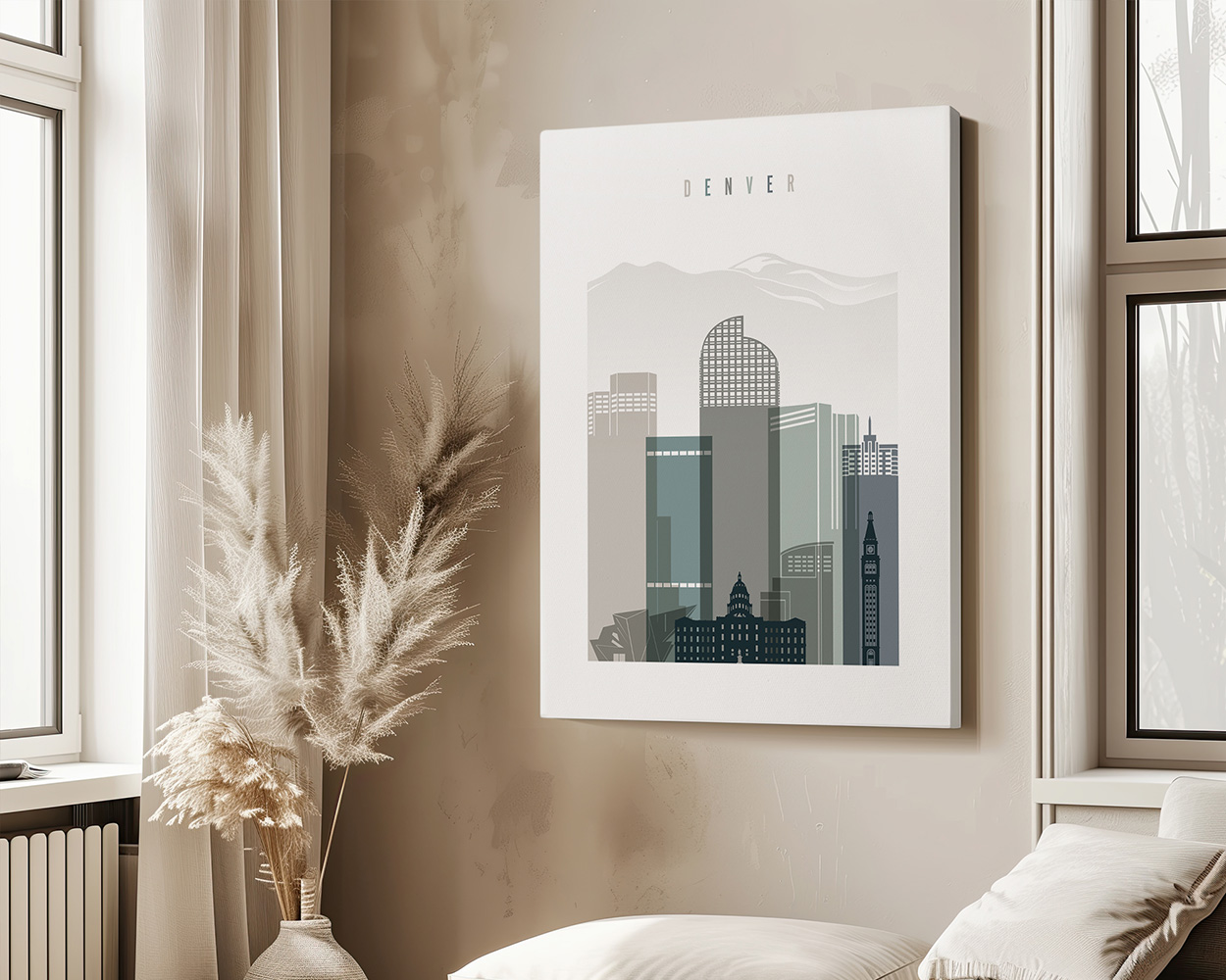 Stylized illustration of Denver's skyline with various buildings and mountains in the background.