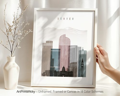 Art print featuring a stylized illustration of Denver's skyline with a neutral color palette.