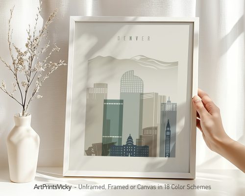 Framed art print featuring a stylized depiction of Denver's skyline with mountains in the background.