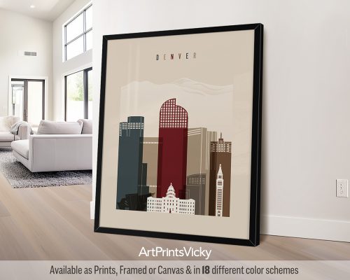 Framed artwork of a cityscape featuring buildings in Denver, Colorado with a minimalist design.