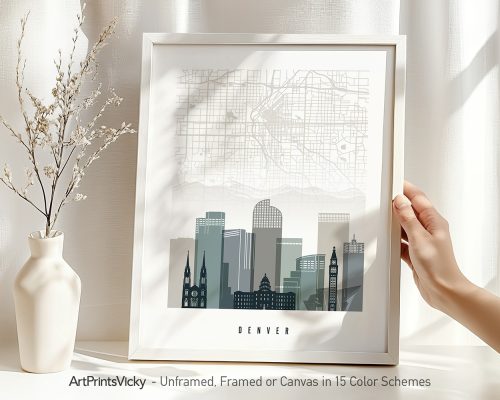 Map of Denver featuring key streets and landmarks in a minimalist design.
