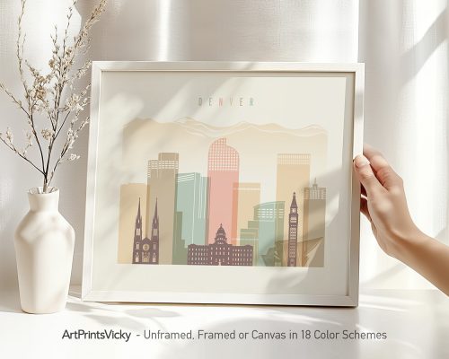 Art print of a stylized Denver cityscape featuring buildings and mountains in soft colors.