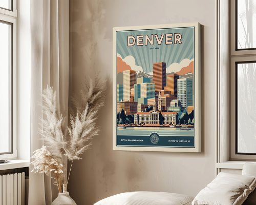 Retro-style poster featuring a cityscape of Denver with mountains in the background.