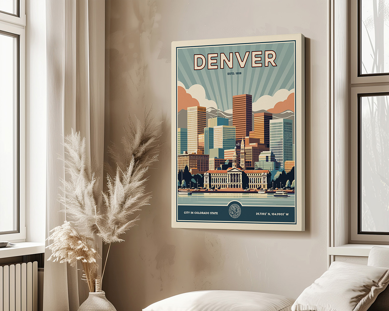 Retro-style poster featuring a cityscape of Denver with mountains in the background.