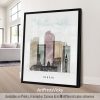 Art print featuring a stylized illustration of Denver's skyline with buildings and clouds.