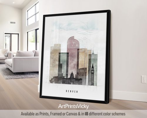 Art print featuring a stylized illustration of Denver's skyline with buildings and clouds.