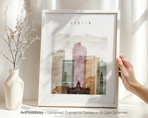 Art print featuring a stylized cityscape of Denver with abstract shapes and colors.