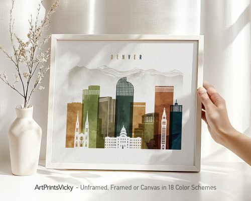 Art print featuring a stylized cityscape of Denver with various buildings and mountains in the background.