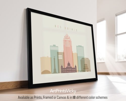 Art print featuring a stylized cityscape of Des Moines with various buildings and structures.