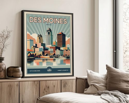 Retro-style print of Des Moines featuring buildings and a river in a stylized design.