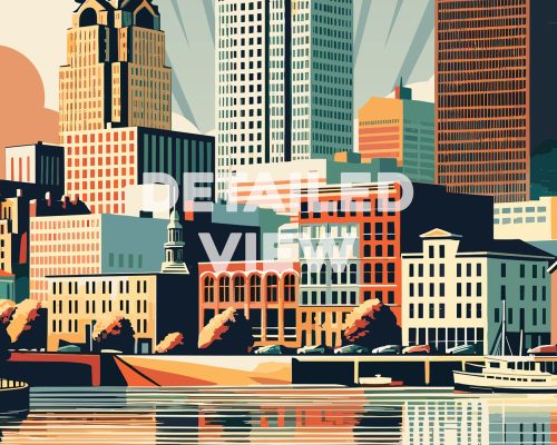 Illustration of a retro cityscape featuring buildings and a river in Des Moines.