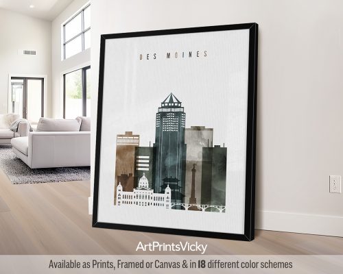 Art print of a cityscape featuring buildings and skyline of Des Moines in muted colors.