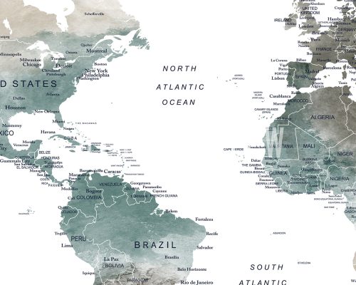World map featuring countries and oceans in earth tone colors with labeled regions.