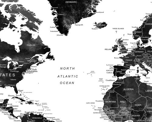 Black and white map of the North Atlantic Ocean and surrounding countries and regions.