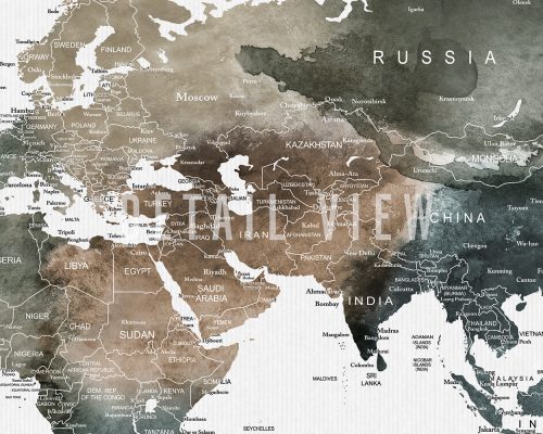 Map of Asia and Europe with country names and geographical features in a watercolor style.