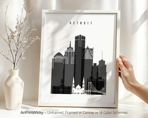 Art print of the Detroit skyline in black and white with the word 'DETROIT' at the top.