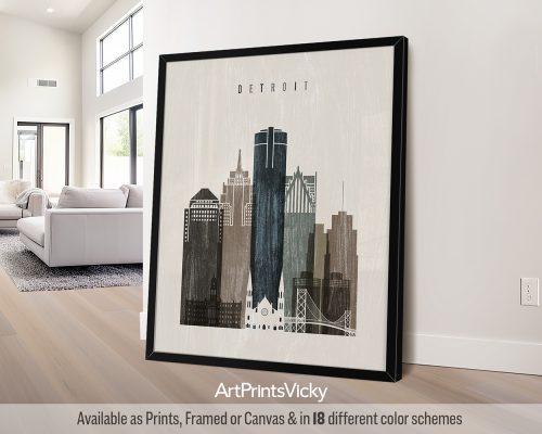 Framed artwork featuring a stylized cityscape of Detroit with notable buildings and structures.
