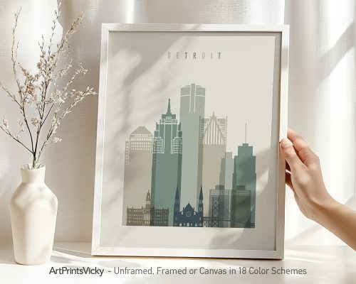 Art print featuring a stylized skyline of Detroit with notable buildings and structures.