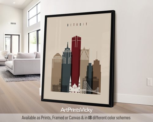 Framed artwork depicting a stylized cityscape of Detroit with notable buildings and structures.