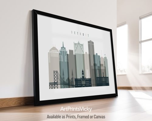Framed artwork depicting a stylized skyline of Detroit with various buildings and structures.