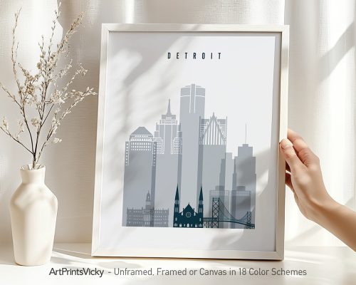 Art print featuring a stylized skyline of Detroit with notable buildings and structures.