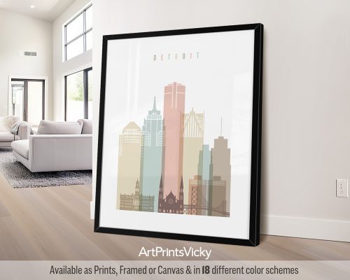 Art print of the Detroit city skyline featuring various buildings and landmarks in muted colors.